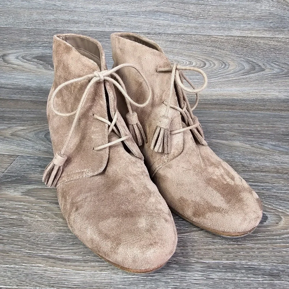Dr Scholls Dakota Suede Leather Wedge Boots Shoes Women's 9.5 Brown Taupe Tassel